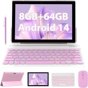 10 inch Tablet with Keyboard 2 in 1 Tablet Android 14 Tablets Include Case Mouse Stylus 6000mAh battery 8GB+64GB/1024GB Expandable 10.1" Tableta, Dual Camera tab, WiFi Bluetooth Tablet PC (Pink)