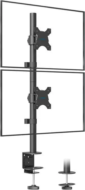 BONTEC Vertical Dual Monitor Desk Mount, Supports 13-34 Inch Screens, Full Motion Adjustability, VESA 75x75/100x100mm, Up to 22lbs per Arm, C Clamp and Grommet Mounting Options, Cable Management