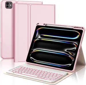 BORIYUAN Keyboard Case for New iPad Pro 13 Inch (M4) 2024, 7 Colors Backlit Detachable Keyboard Slim Folio Smart Cover for iPad Pro 13" with Pencil Holder - Pink