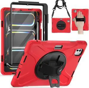 BRAECN for iPad Pro 11 inch 5th Generation Case 2024,Heavy Duty Shockproof Case with Screen Propector&Pencil Holder/Hand Strap/360?Rotating Stand/Shoulder Strap for iPad Pro 11 2024 A2836/A2837-Red