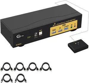 CKLau 2 Port HDMI KVM Switch 2 Monitors 8K@60Hz 4K@144Hz with Cables Supports Emulation EDID, Hotkey Switching, 5.1 Digital Fiber Optical and 7.1 Surround Sound Audio Output
