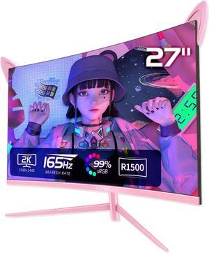 CUNPU Pink Computer Monitor, 27 inch 1440p 165Hz (Supports 144Hz) Kawaii Gaming Monitor, VA Panel 1500R Curved PC Monitor, Free-Sync, Built-in Speaker, Tilt Adjustment, DP/HDMI/USB