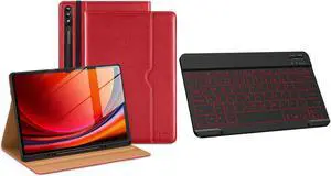 DTTO for Samsung Galaxy Tab S9 Ultra 14.6 inch Case 2023, Premium Leather Business Folio Stand Cover with S Pen Holder for Model [SM-X910/X916B/X918U], Red, Bundle with Bluetooth Keyboard