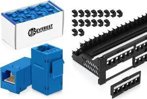 Everest Media Solutions Bundle - 2 Items: 48-Port Keystone Patch Panel + 48 Pack of RJ45 CAT6 Keystone Couplers - Blue
