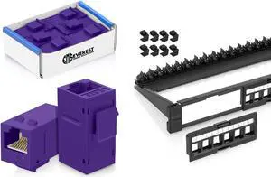 Everest Media Solutions Bundle - 2 Items: 24-Port Keystone Patch Panel + 6 Pack of RJ45 CAT6 Keystone Couplers - Purple
