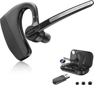 Bluetooth Headset Wireless Earpiece with 450mAh Charging Case USB Dongle Noise Canceling Mic for PC Computer, Laptop, Cell Phones, Remote Work, Call Center, Trucker Work, Business