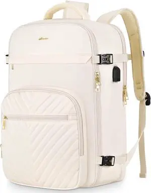 KROSIAS Travel Backpack for Women, Carry On Backpack for Airplanes Flight Approved, Waterproof Large Weekender Overnight Bag Fit 17 Inch Laptop with USB Charging Port, Beige