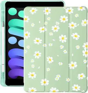 Cute Floral Flower for iPad 7th/8th/9th Generation Case with Pencil Holder, Auto Sleep/Wake, Green Leather Soft TPU Back Cover for iPad 10.2 Inch 2019/2020/2021