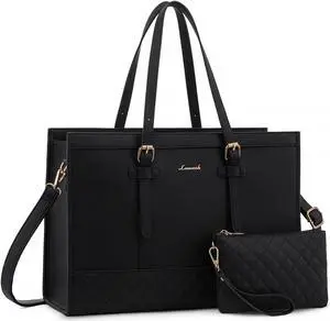 LOVEVOOK Women's 15.6 inch Laptop Tote, Waterproof PU Leather Computer Work Bag, Large Capacity Business Office Tote Black