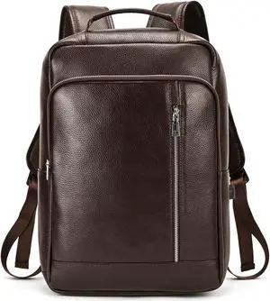 Genuine Leather Backpack Men Casual Daypack 14" Laptop Rucksack Business Travel Outdoor Shoulder Bag with Trolley Sleeve (Coffee)