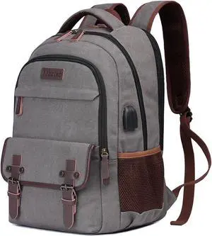 Mactso Canvas Travel Laptop Backpack for Men Women, Business Work Rucksack College School Computer Bag Fits 15.6 Inch Notebook,Bookbag with USB Charging Port (Grey, 15.6 Inch)