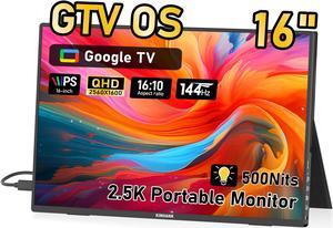 2.5K Portable Monitor 16", GTV OS, 2560x1600 QHD 144Hz, 100% sRGB 500nits 1200:1 Contrast, 16:10, Display with Speakers for Laptop, PC, Mac, PS4/5, Switch, Xbox, USB-C/HDMI, Plug & Play (K16G PRO)