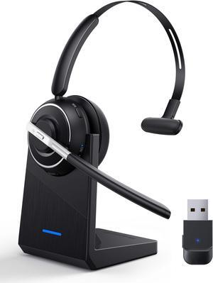 Bluetooth Headset, Wireless Headset with Microphone for PC, V5.2 Computer Headset with Noise Cancelling Mic, USB Dongle, Charging Base & Mute Button for Work, Cell Phones, Computer (Black)