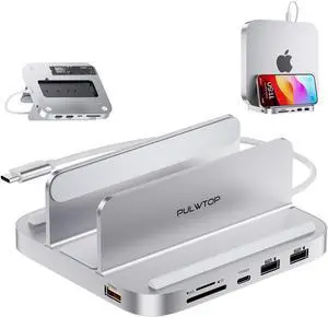 PULWTOP Mac mini Hub M1 M2 with M.2 SSD Enclosure (NOT for M4 2024), 8-in-1 Vertical Mac mini Dock Stand with USB A/C 3.2 10Gbps, 2 x USB A 2.0, SD/TF Slots, 3.5mm Audio Mic Jack