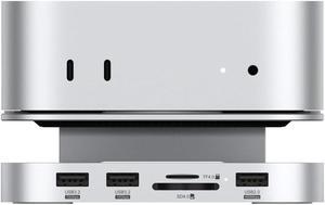 Qwiizlab Aluminum Stand Hub with SSD Enclosure, Docking Station for Mac Mini M4/M4 Pro, 2 USB-A 10Gbps, TF/SD 4.0 Card Readers 312MB/s, USB-A 2.0, Fits M.2 NVMe SSD up to 8TB (Silver)