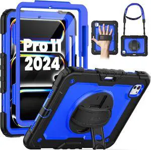 SEYMAC for iPad Pro 11 Inch Case 2024 (M4), Heavy Duty Shockproof Protective Case with Screen Protector, 360deg Rotating Stand, Hand/Shoulder Strap and Pen Holder for iPad Pro 11 2024, Blue