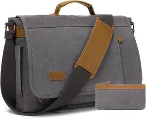 Messenger Bag for Men 15.7-17.3 Inch: 2PCS Laptop Work Leather Canvas Briefcase Carry On Large Computer for Office College Travel (Gray)