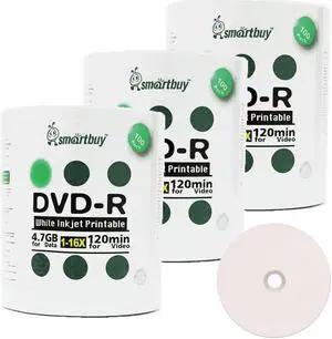 Smart Buy 300 Pack DVD-R 4.7gb 16x White Printable Inkjet Blank Media Record Disc, 300 Disc 300pk