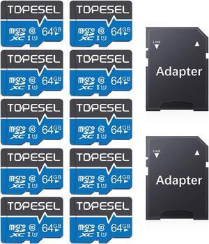 TOPESEL 10-Pack 64GB Micro SD Card Class 10 Micro-SDXC Memory Card UHS-I, High Speed Flash TF Card for Security Camera/Smartphone/Drone/Dash Cam/Tablet/PC, C10, U1, 64GB 10Pack
