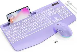 Wireless Keyboard and Mouse Combo - 7Color Backlit, Wrist Rest, Rechargeable, Silent Light Up Keys, Ergonomic Full Size with Phone Holder for Windows, Mac, PC, Laptop, PC - Trueque (Purple)