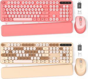 2 Pack Wireless Keyboard and Mouse Combo - Cute Typewriter Keyboard with Detachable Wrist Rest, Retro Round Keycaps, Foldable Legs, 2.4GHz Full-Size Keyboard for PC, Laptop, Windows