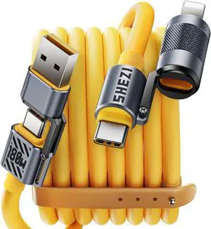 Vexipia 180W USB C Cable, 4 in 1 USB C to USB C Cable [Fast Charging & Data Sync],Multi Charging Cable for iPhone 15/Pro/Plus/Pro Max, MacBook, iPad, Samsung,5ft Yellow [SHEZI-Series]