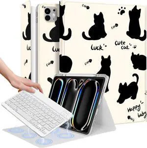 Wazzasoft for iPad Pro 13 inch Case 2024 M4 with Keyboard - Pencil Holder Folio Tablet Cover Women Girl Cute Kawaii Black Cat Unique Design for Apple Pro 13 A2925 A2926 A3007