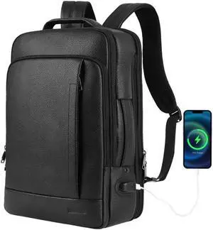Wesccimo Full Grain Genuine Leather Backpack for Men Multi-Functional 15.6" Laptop Backpack with USB Charging, Black Convertible Business Travel Backpack Work Rucksack Daypack