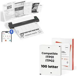 MUNBYN Portable Printers Wireless for Travel ITP02 and 100 Sheets US Letter Size Thermal Printer Paper 8.5 x 11 Inch