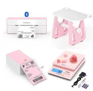 Bluetooth Thermal Label Printer, 4x6 Shipping Label Printer+Pink Shipping Labels+Label Holder for Rolls and Fanfold Labels+Shipping Scale, Accurate 66lb/0.1oz Postal Scale with Sweet Pink Style