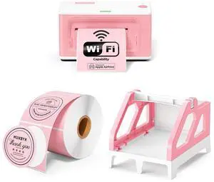 MUNBYN Wireless Thermal Printer, WiFi AirPrint Shipping Label Printer+2 Inch Pink Circle Thermal Sticker Labels+Pink Label Holder