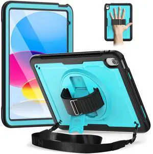 Timecity Case for iPad 11th/10th Generation 2025/2022: with Screen Protector, 360 Rotating Stand, Hand Strap, Shoulder Strap, Pencil Holder, Full-Body Shockproof Protective Case -SkyBlue+Black