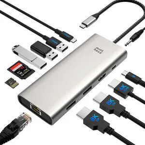 Minthouz USB C Dock Triple 4K Monitor, 12 in 1 Multiport Hub with 8K DP1/DP2, 4K HDMI, 100W PD in, USB3.1 2.0 Ports, 2.5G Ethernet, Audio and SD/TF Slots, for MacBook, Dell, HP, Lenovo Laptops