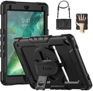 Timecity for iPad 6th/5th Generation Case, for iPad 9.7 inch Case 2018/2017 with Screen Protector, 360 Rotating Stand/Hand Strap, Full-Body Protective Case for iPad 6th/5th Gen/Air 2/ Pro 9.7''-Black