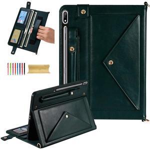 Dteck Case for Galaxy Tab S10 Plus/S9 Plus/S8 Plus+/S7 FE/S7 Plus 12.4 inch,PU Leather Fold Business Stand Protective Cover with Pen Holder Card Slots Shoulder Hand Strap Handbag Wallet Case,Darkgreen