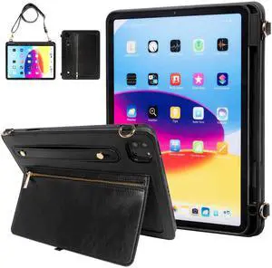 Dteck Case for iPad Air 13 inch M2 2024/iPad Pro 12.9 Case 6th/5th/4th/3rd Generation 2022/2021/2020/2018,Premium PU Leather Shockproof Protective Case Zipper Pocket Strap Soft TPU Back Cover,Black