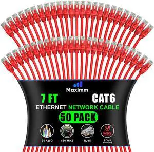 Maximm Cat 6 Ethernet Cable - 7 ft (50-Pack) - High-Speed LAN, Internet, Patch, and Network Cable - UTP, 10Gbps, 550MHz Ethernet Cord - Red