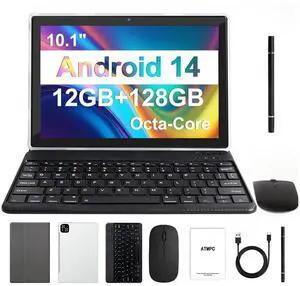 ATMPC Newest Android 14 Tablet, 10 Inch Tablet 12GB (4+8 Expand) RAM 128GB ROM, 1TB Expandable, Octa-Core 2 in 1 Tablet with Keyboard, Mouse, Stylus, Support WiFi 6, BT5.4, Dual Camera