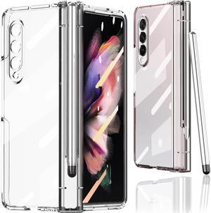 Miimall for Samsung Galaxy Z Fold 3 Case with Pen, Z Fold 3 Case with S Pen with Pen Holder + Tempered Glass Screen + Luxury Plating PC Cover for Crystal Clear Case for Galaxy Z Fold 3 5G (Clear)