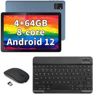 Android Tablet 10 Inch with Keyboard & Bluetooth Mouse, Octa-Core Android 12 Tablet with 7000mAh Battery, 4GB+64GB ROM Gaming Tablets, 10.1 in HD Large Screen Tablet 5+8MP Camera/WiFi/GPS