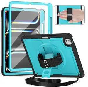 Timecity Case for iPad Pro 13 Inch M4 2024 7th Generation(Model: A2925, A2926, A3007) with Screen Protector, 360deg Rotating Stand, Shoulder Strap, Support Pencil Wireless Charging, Sky Blue