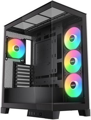SAMA V50 Mid Tower ATX PC Case, Tempered Glass Front/Side Panel, Airflow, 4x12CM PWM ARGB Fans Pre-Installed, Cable Management, Support 360mm Radiator, USB Type-C, Black