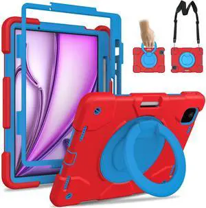 Andnary Case for iPad Air 11 inch 2024 M2 Case 6th Generation Case, Heavy Duty Protective Cover with Pencil Holder/360deg Rotate Handle Stand/Shoulder Strap for A2902/A2903/A2904, Red+Blue