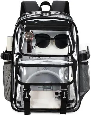 Large Clear Backpack For Women Men Girls 16 inch Laptop School Bookbag Heavy Duty PVC Transparent Backpacks for College Work Travel See Through Back Pack for Sport Events Stadium, Black