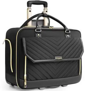 Arcoyard Rolling Laptop Bag for Women, 17.3 Inch Briefcase with Wheels, Anti Theft Computer Bags with Leather Handle, Roller Work Tote Bag for Teacher, Airline Approved, Large, Black