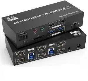 8K HDMI KVM Switch 2 Monitors 2 Computers Dual Monitor Support 8K@60Hz 4K@120Hz KVM Switcher for 2 Computers Share 2 Monitor, 4 USB Devices, Audio Microphone and SD TF Card, DC 12V &Wired Controller