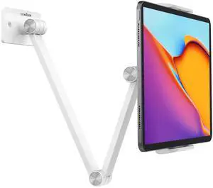 BEWISER Adjustable Tablet Wall Mount Holder, Swivel 360 Rotating, Compatible with 4.7-12.9 inch Devices, High-Grade Aluminium Alloy, White