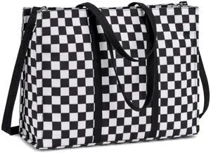 Laptop Tote Bag for Women Work 15.6 inch Canvas Shoulder Bags Computer Messenger Purse Teacher Handbag Office Briefcase (Black-White Checkered)
