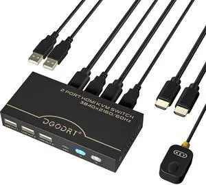 4K KVM Switch, HDMI USB Switch for 2 Computer Share 1 Monitor and 3 USB Devices Support 4K@60Hz, Including 2 HDMI Cable and 2 USB Cable
