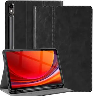 Gexmil Genuine Leather Case for Samsung Galaxy Tab S8/S7 11 Inch with Pencil Holder,Shockproof Protective Adjustable Kickstand Smart Premium Folio Flip Tablet Cover, Black
